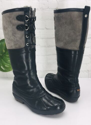 UGG Belcloud Duck Boots Women Size 9.5 Tall Waterproof Black Leather Sherpa Line - Picture 4 of 15