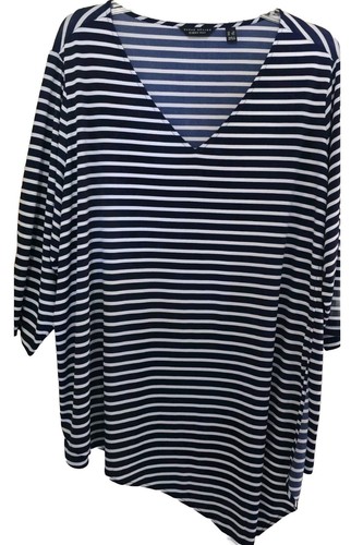Damen 3X Top Susan Graver blau gestreift flüssig V-Ausschnitt 3/4 Arm asymmetrischer Saum