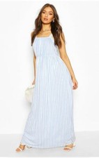 Boohoo Jersey Maxi Dress Stripe Holiday blue white UK 6 8 10 12 Beach