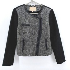 Banana Republic Tweed Moto Jacket Blazer Black Faux Leather Trim Size 4