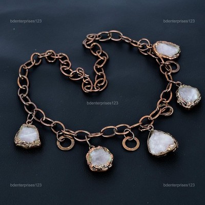 Copper Pentagon Natural Rose Quartz Rough Electroformed Chain Necklace Jewelry