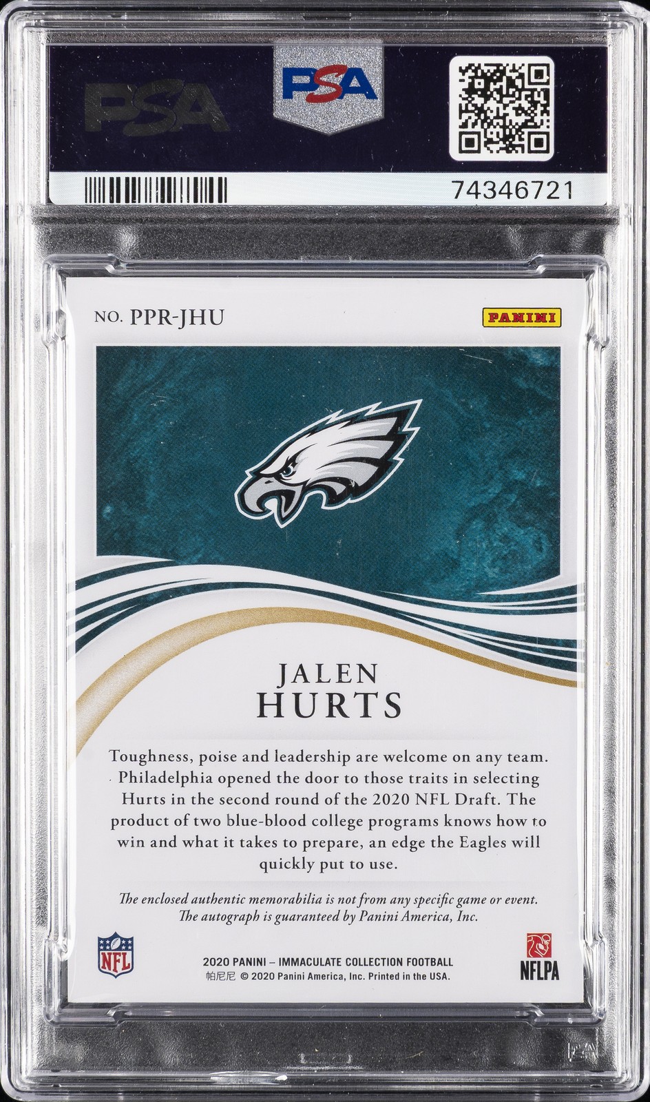 2020 IMMACULATE COLLECTION PREMIUM PATCH ROOKIE AUTO JALEN HURTS 71/75 PSA 9 view 2