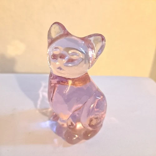 Vintage Fenton Art Gla Pink 3" Sitting Cat Figurine Logo Original Label