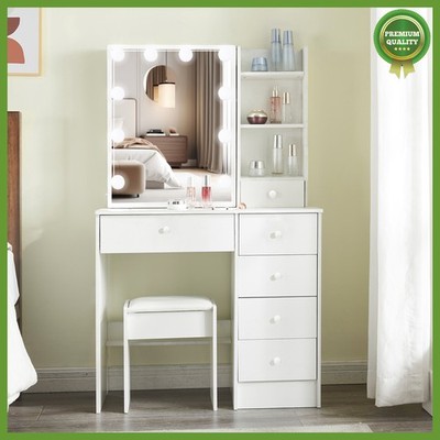 Vanity Makeup Table Set Dressing Desk with Stool & 10 LED Lighted Sliding Mirror