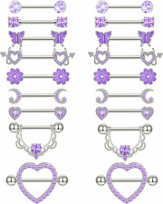 9 Pairs Nipple Rings Stainless Steel Heart Butterfly Moon Flower CZ Barbell T.