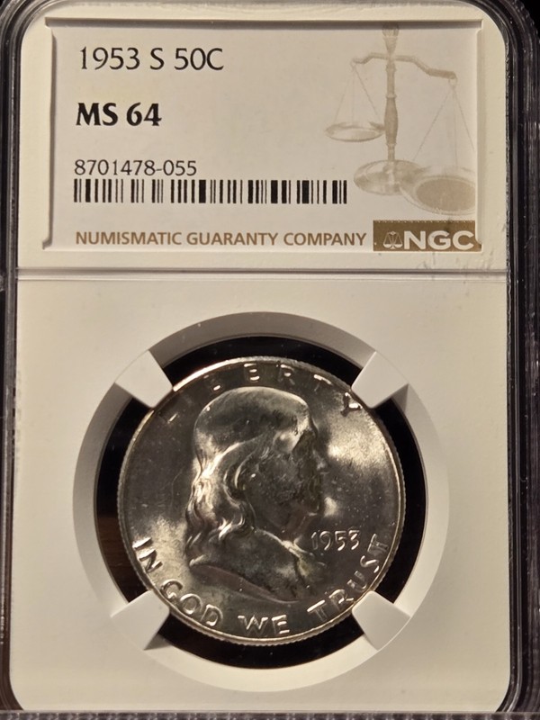 1953-S  50C FRANKLIN SILVER HALF DOLLAR  "SAN FRANCISCO"  NGC MS64