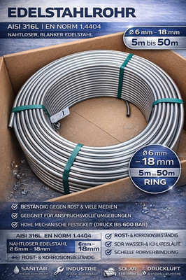 6x0,5mm Edelstahlrohr im Ring AISI 316L EN 1.4404 als 5m bis 50m Rohr im Ring