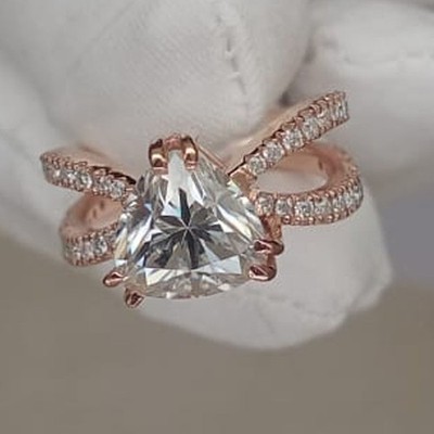 4.0Ct Trillion Cut Old Mine Certified Moissanite Prong Ring 14K Rose Gold Plated
