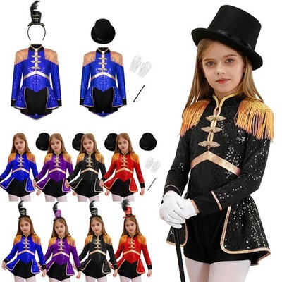 Girls Circus Ringmaster Drummer Fancy Dress Costume Long Sleeve Sequins Jumpsuit