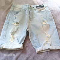 Denim Co. Men's Light Blue Slim Stretch Distressed Denim Shorts Size 32