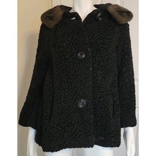 Vintage Black Curly Persian Lamb Jacket Coat Faux Mink Collar 1960s Size L