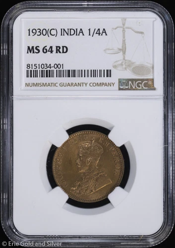 1930-(C) India 1/4 Anna NGC MS 64 RD | Uncirculated UNC BU