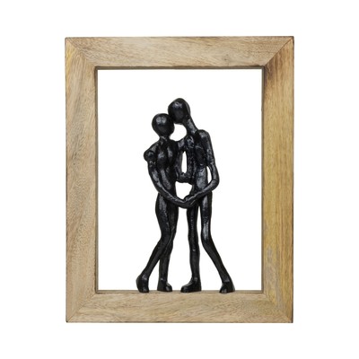 Dekofigur Embrace Schwarz 30 cm aus Mangoholz Aluminium Paar im Holzrahmen