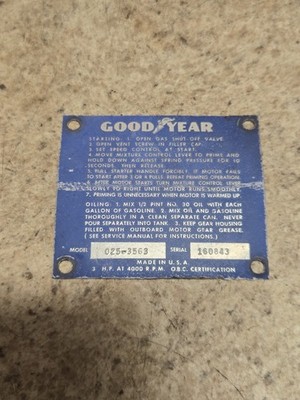 Antique 1948-49 Goodyear Sea-Bee 3hp 025-3563 Outboard Motor ID Tag / Plate