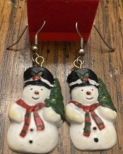 2  Silver Tone Christmas Holiday Drop Jolly Snowman Holding Tree Resin Earrings