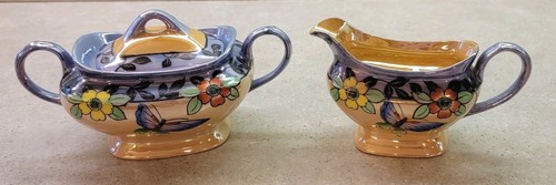 Vintage JAPAN Hand Painted LUSTERWARE Butterfly Flower CREAMER & SUGAR BOWL Set