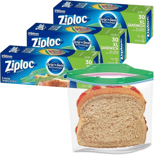 Ziploc XL Sandwich and Snack Bags with EasyGuide Texture, Plastic Storage Bags w - Picture 1 of 8