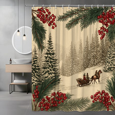 Vintage Christmas Shower Curtain with Pine and Berry Design