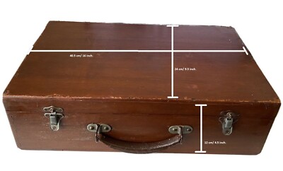 Antique Vintage Wooden Box Suitcase Case with Leather Handle