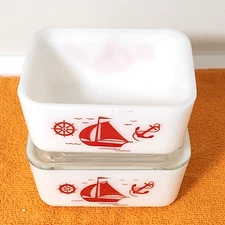 Vintage Two McKee Red Sail Boat Refrigerator Dish & CLEAR GLASS Lid 4X5 3 Pieces
