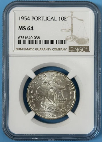 Portugal 1954 Silver 10 Escudos ChBU Coin Sailing Ship NGC MS 64 KM# 586
