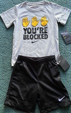 NWT Nike Little Boys 7 Gray/Black YOU'RE BLOCKED Dri-Fit Shorts Set