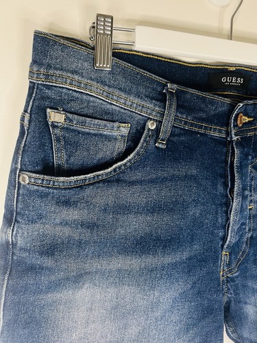 Guess Mens Blue Denim Bermuda Shorts Stretch Slim Size 33 Logo