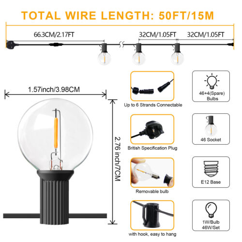 50FT Mains Powered String Light Festoon Outdoor 46+4 LED Garden G40 Bulbs Lights - Picture 19 of 29