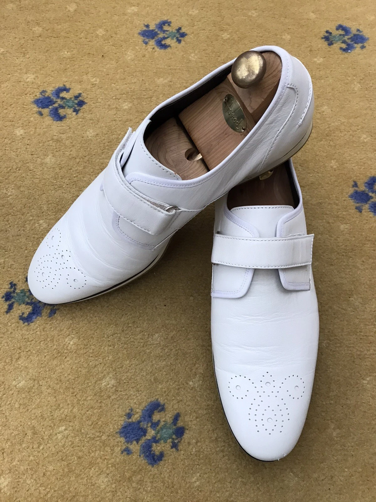 Chaussures Gucci mocassin blanc bracelet cuir toile bleu pont bateau homme UK 11 US 12 45