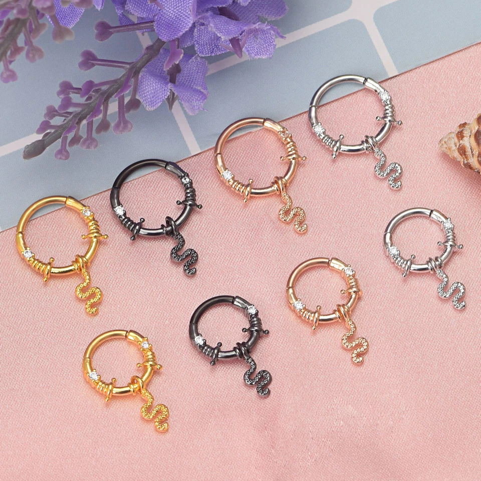 Steel Hinged Nose Ring CZ Dangle Septum Clicker Earrings Daith Hoop Piercing 16G - Image 3 of 4