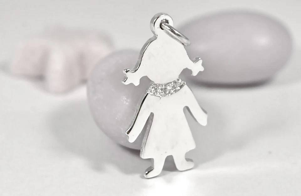 Bimba ciondolo argento 925 cubic zirconia pendente collana girocollo bambina - Immagine 2 di 3