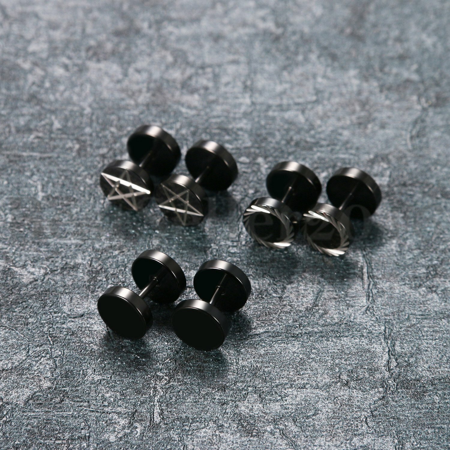 Mens Black Stud Earrings 2 Pairs Stainless Steel Dumbbell Barbell - Foto 7