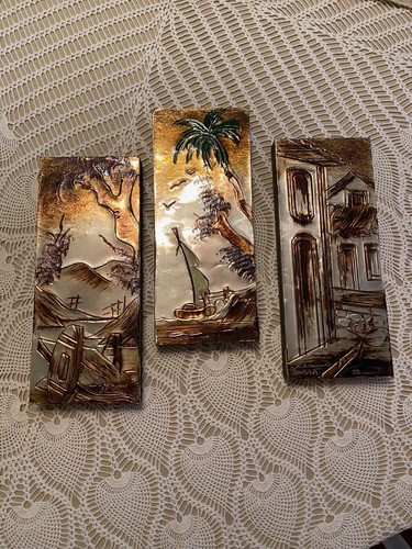 3 PC Village ,Fishing Scene on Metal - Picture 5 of 8