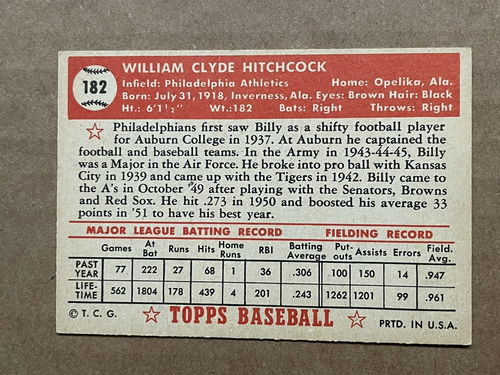 1952 Topps Baseball #182 Billy Hitchcock - Picture 2 of 2
