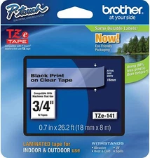 6-PACK Brother International Tze141 Tape, 3/4", Black on Clear, 26.2 ft (8 m)