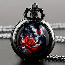 Vintage Red Rose Butterfly Quartz Pocket Watch With Necklace Fashion Gift New