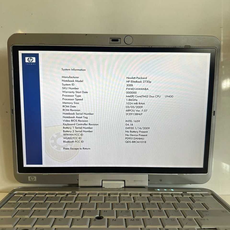 HP EliteBook 2730p 12.1” Laptop Tablet PC C2D 1GB RAM No HDD - Scraps/Salvage - Image 2 of 4