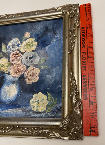 Vintage Impressionist Blue Floral Peony Roses Still Life Oil Painting Signed - Picture 10 of 11