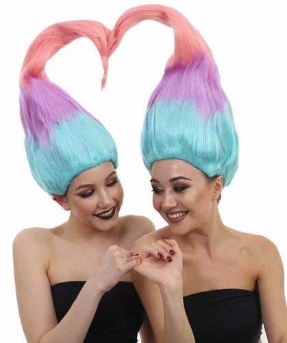 Women Cosplay Twin Trolls Satin Chenille Costume 2 Colorful Wigs or Purple Dress - Picture 13 of 28