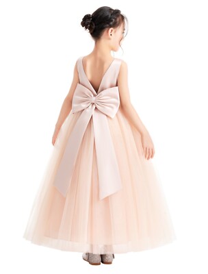 Wedding V-Back Satin Flower Girl Dress Ball Gown Pageant Dress Ivory Tulle Dress