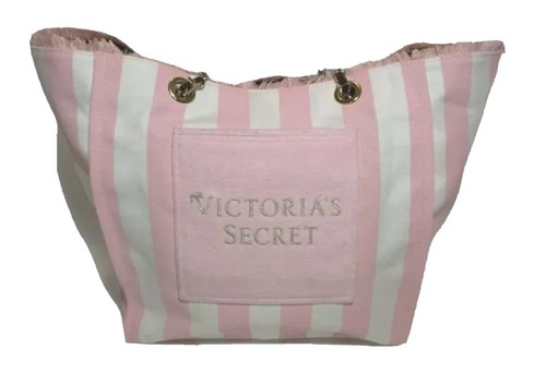 Victoria's Secret Logo Stripe Weekender Large Tote Beach Bag Pink and White - Picture 2 of 2