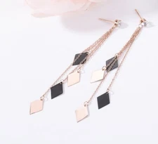 Women Geometry Tassel Diamond Drop Titanium Stainless Steel Stud Earrings S12