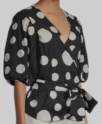 $295 Milly Women's Black V-Neck Half Sleeve Wrap Front Blouse Top Size Large