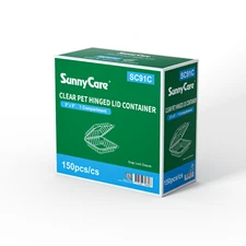 Sunnycare Clamshell PET Hinged Container Disposable 9X9, 1 COMPT, Clear, 150ct