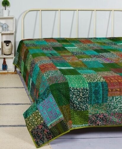 Trapunta Kantha patchwork indiano, copriletto fatto a mano in seta Patola Kantha - Foto 7 di 24
