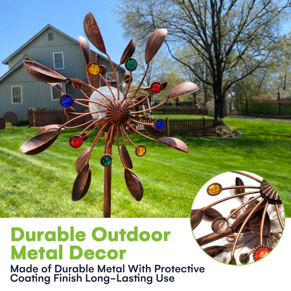 75-дюймовый спиннер на солнечных батареях со светодиодным стеклянным шаром — металлическое кинетическое украшение сада - Изображение 2 из 4