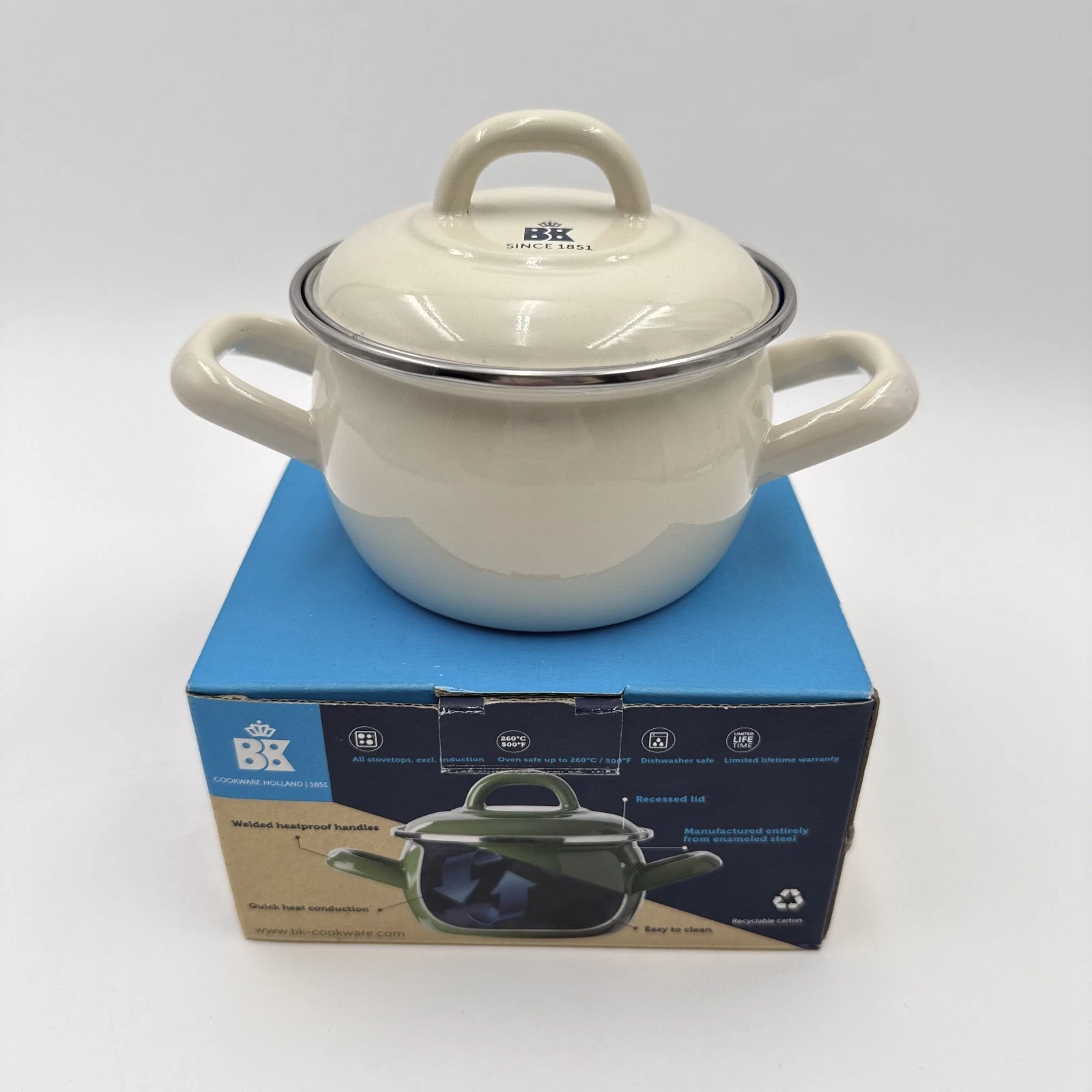 New BK Holland Mini Dutch Oven 10cm 0.5L Creme Blue Enameled Steel Cocotte