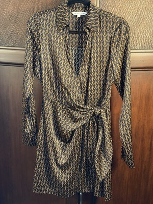 Veronica Beard Wrap Dress 4 Navy/Gold Geometric Satin V-Neck Long Sleeve