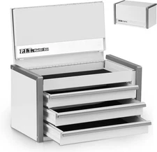 P.I.T. Mini White Tool Box, Portable 3 Drawer Steel Stackable 3-Drawer, 