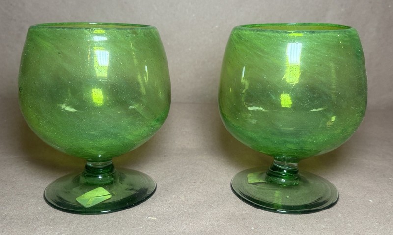 Crate & Barrel Hand Blown Green Glass Brandy Snifter Goblet Set Of 2